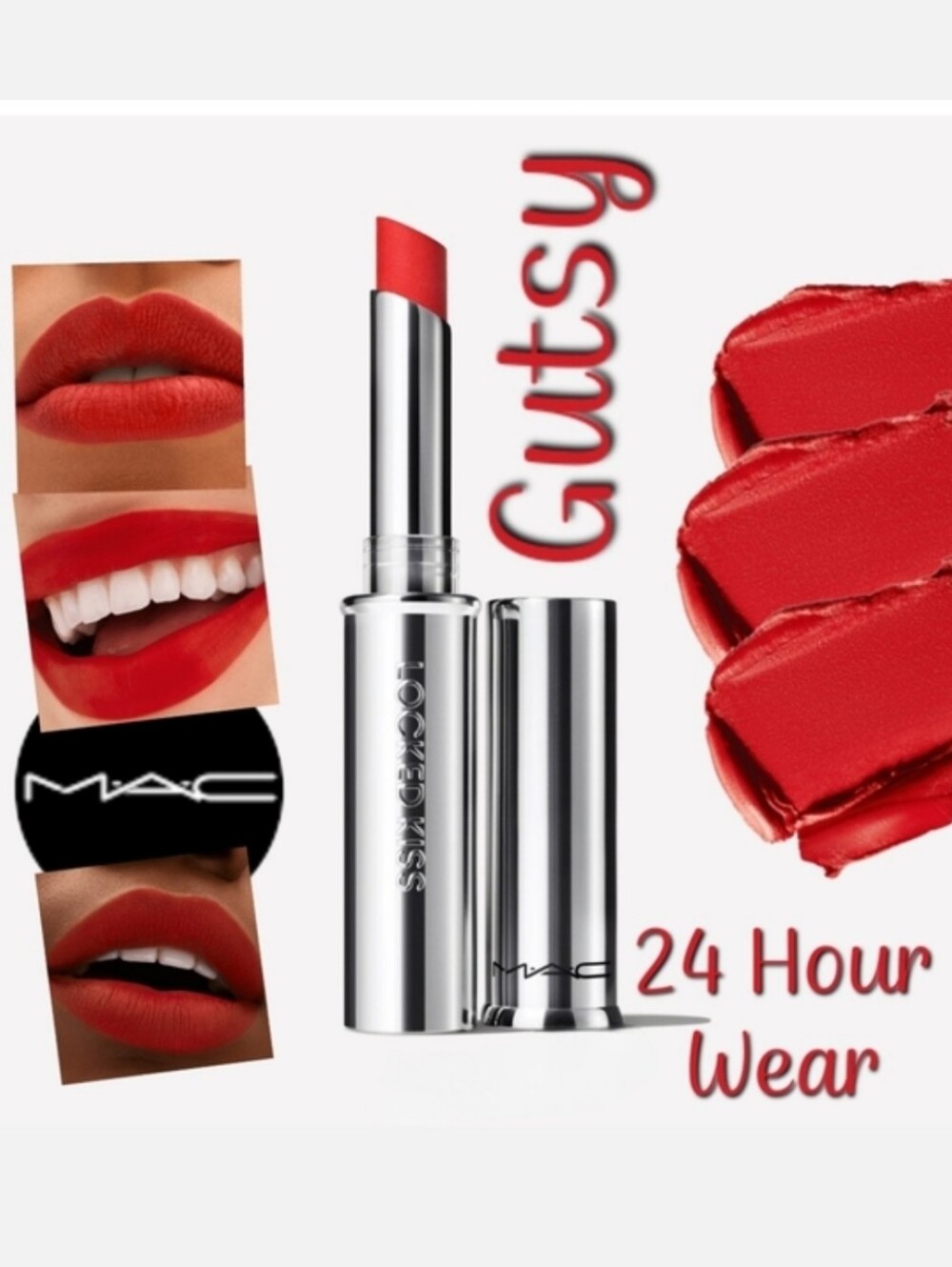 Mac 24 Hour Wear Locked Kiss Lipstick Gutsy Tomato Red Brand New in Box